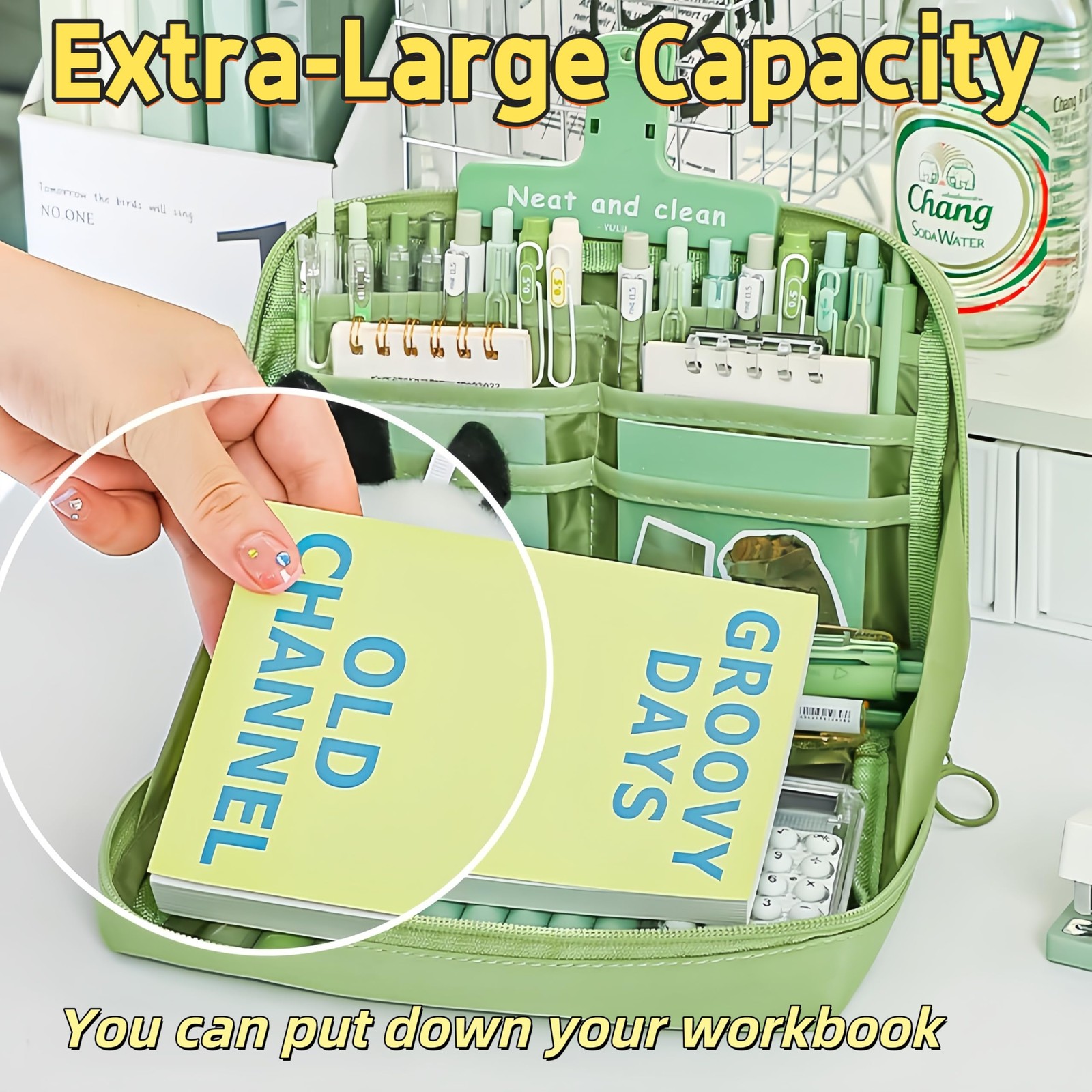 Kawaii Aesthetic Pencil Case Large Capacity Canvas Pen Pouch Green
