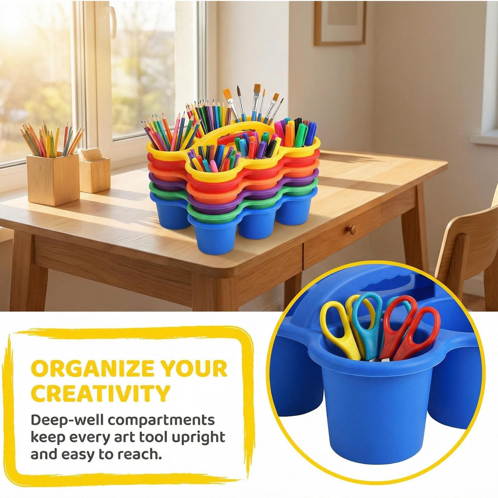 Ssatiscn Multicolor Pencil Holders For Desk 6-Cup Classroom Caddy Handles