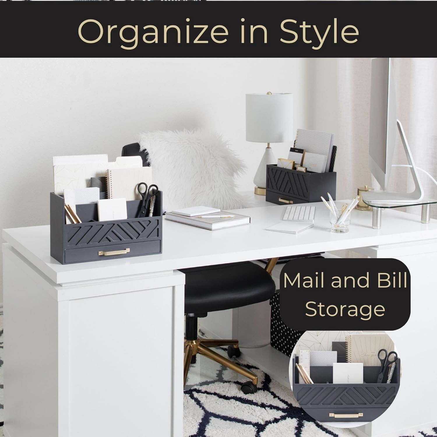 Wooden Mail Organizer with Drawer Gold Handle | Mail Sorter Organizer Countertop