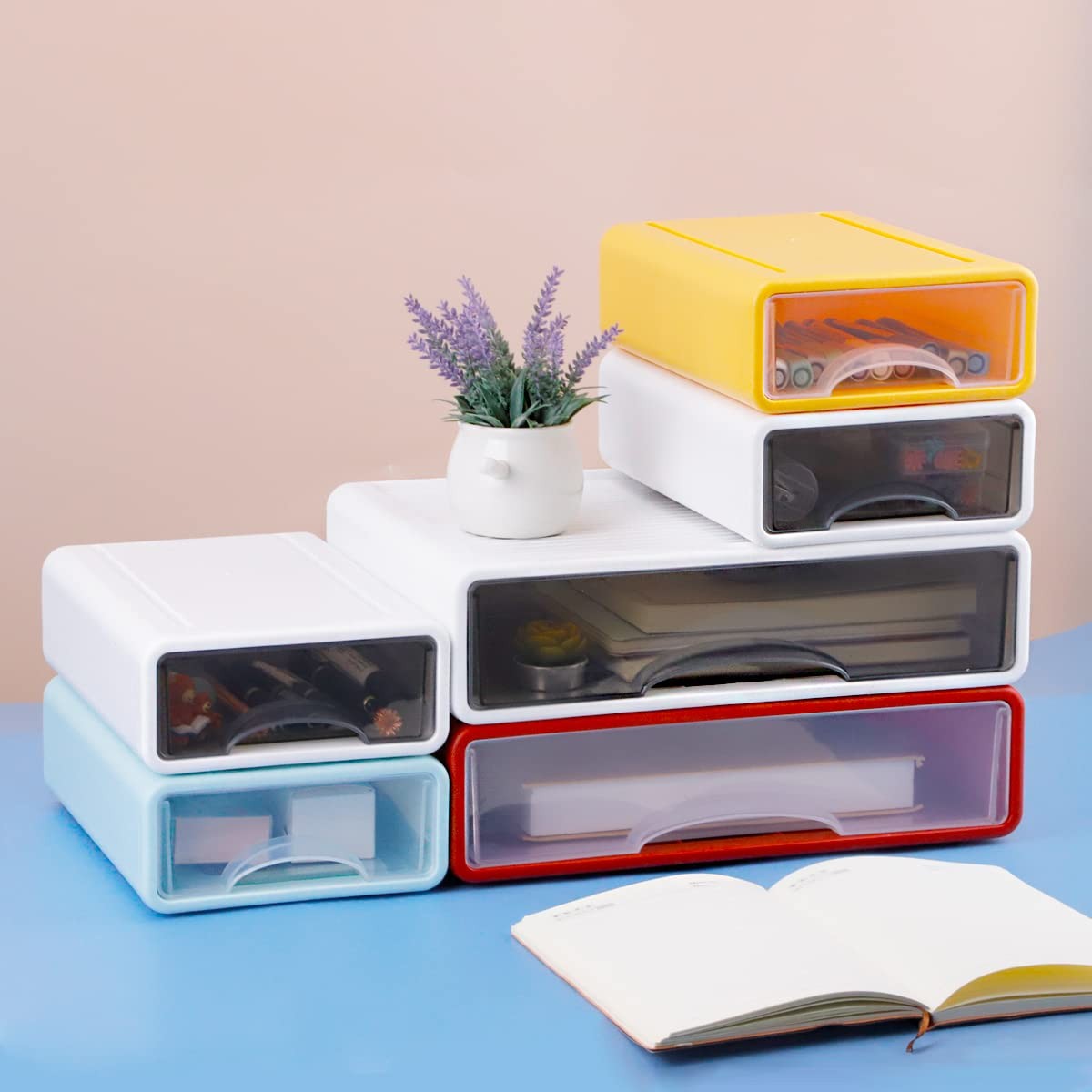 Stackable Desk Organizer, Large Desktop Storage Box with 3 Drawers, 13 Wide Lett