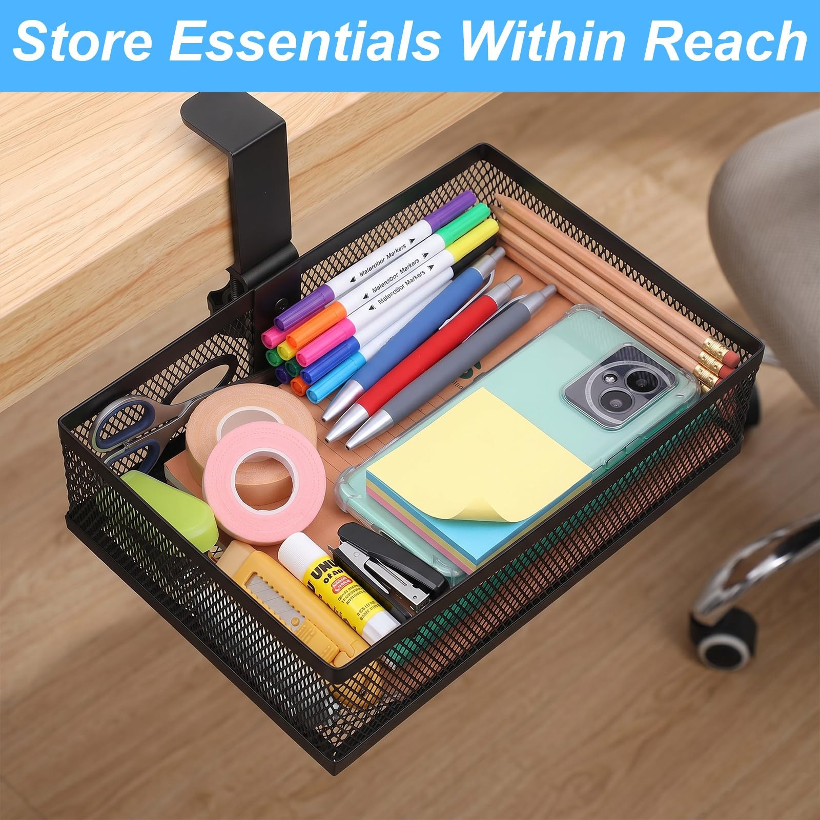 Under Desk Storage Organizer 360 Degree Rotating Under Drawer with Large Mesh…
