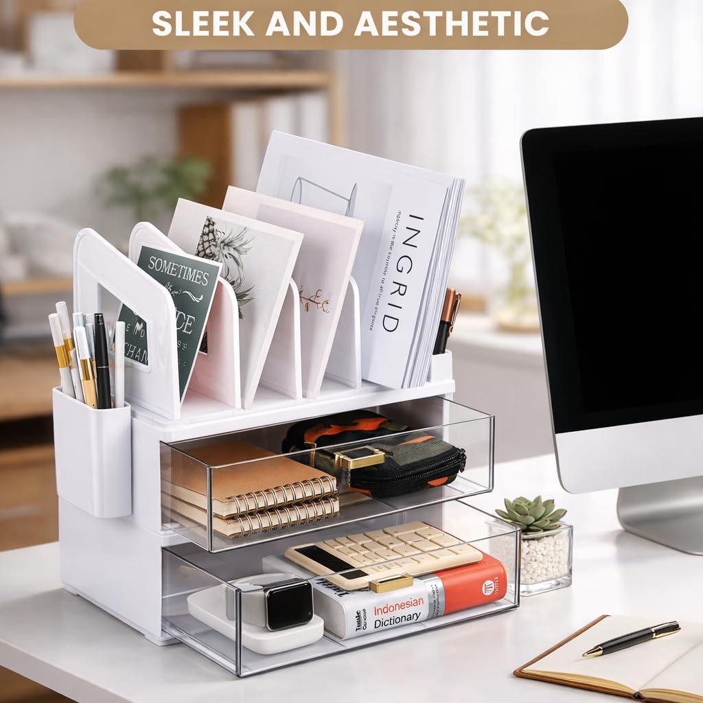 LALOBLUE Acrylic Desk Organizer with Drawer and Vertical File 2 Layer, White