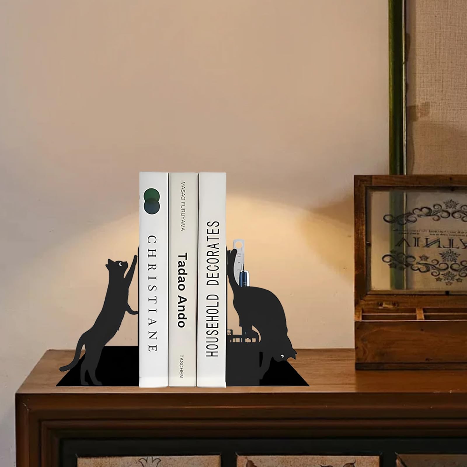 Cat Book Ends for Shelves, Metal Decorative with Pen Black