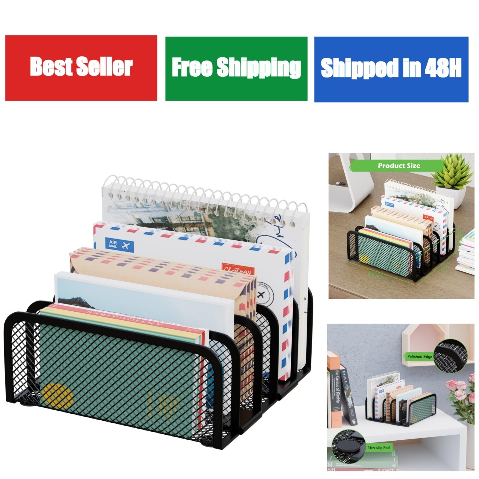 Black Metal Mail Organizer – 5-Slot Desktop File Holder for Office & Home