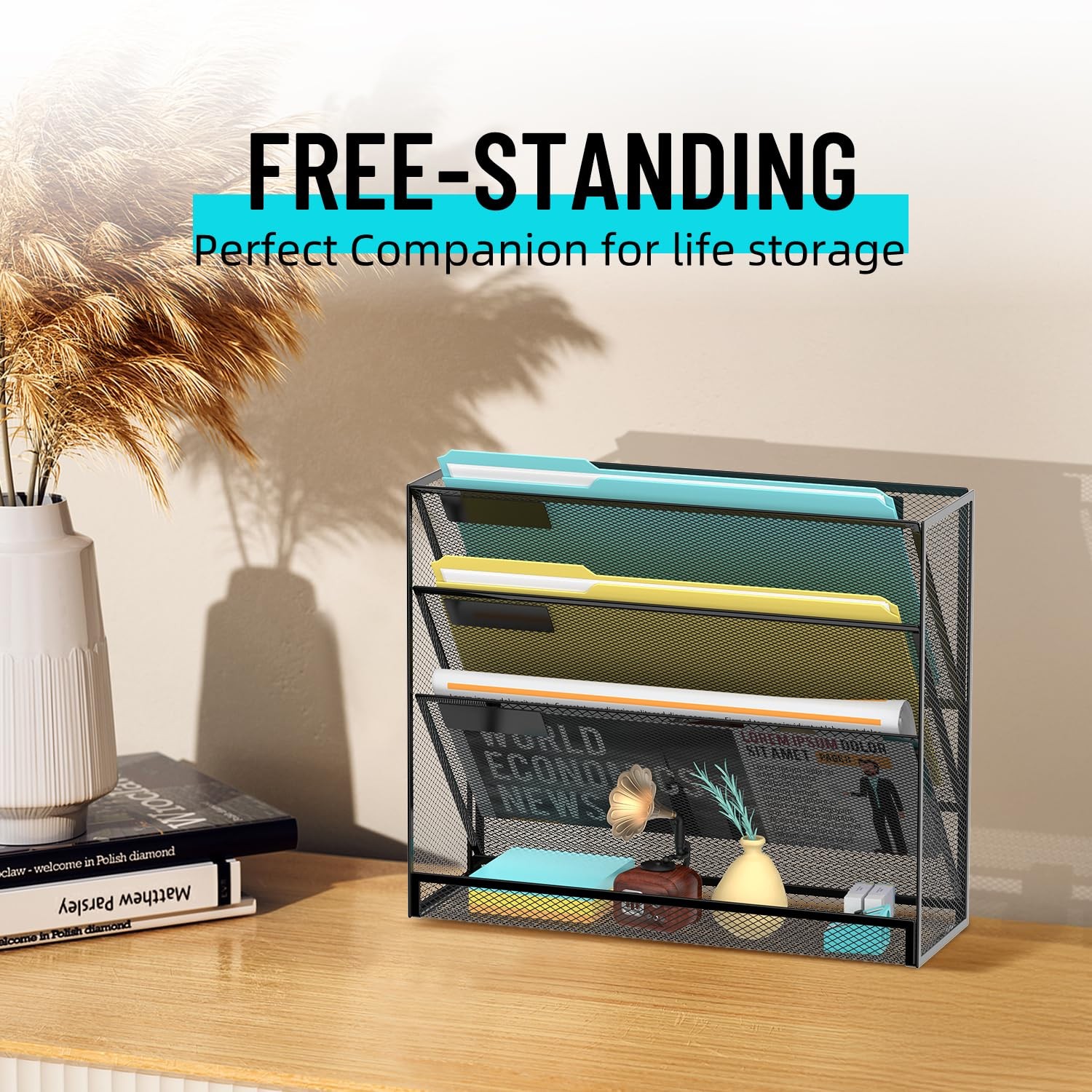 SUPEASY Wall File Organizer Mesh Office Mail Holder, Hanging 4-Tier, Black