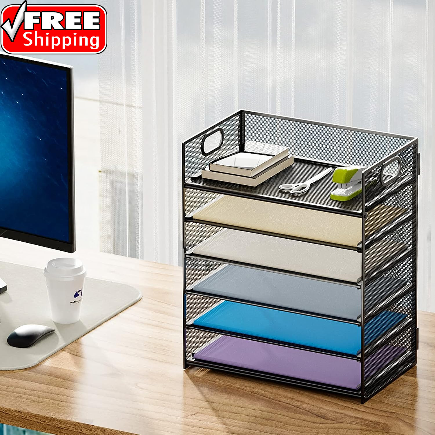 6 Tier Paper Organizer Letter Tray – Mesh Desk File Organizer with Handle, Paper