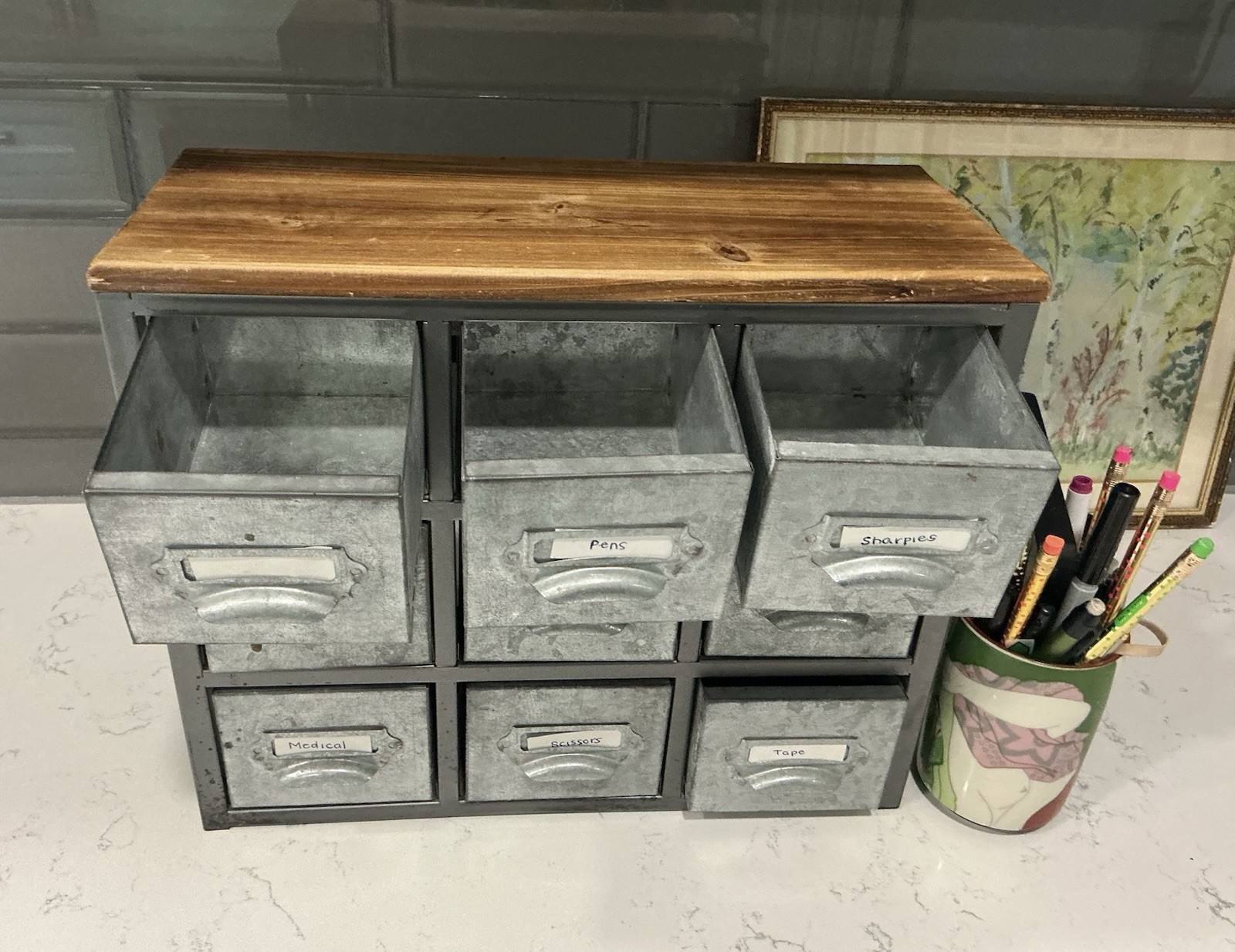 Cheung’s Desktop Galvanized 9 Drawer Vertical Organizer w/ Label Scoop Wood Top