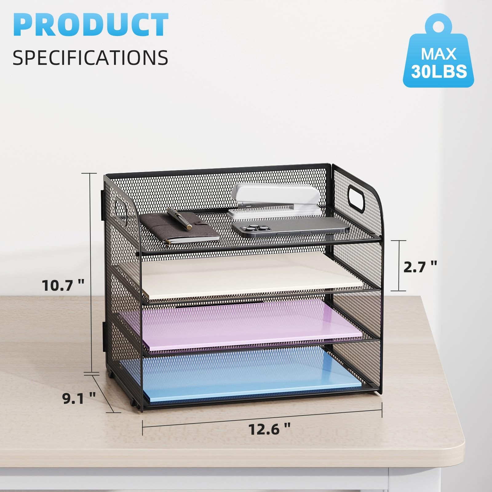Marbrasse 4 Tier Paper Organizer Letter Tray – 12.6″ x 9.1″ x 10.7″, Black
