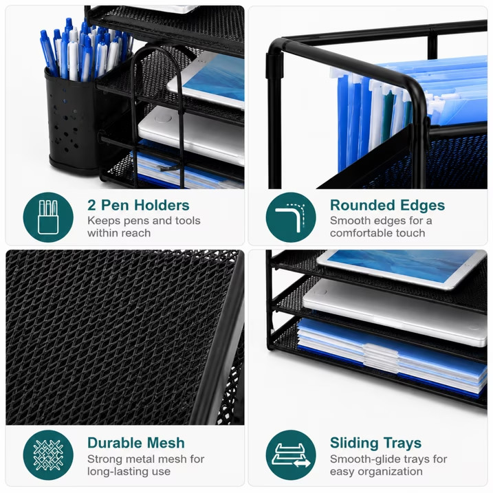 6 Tier Desk Organizer Metal Mesh Paper Document Letter File Tray Pen Holders Bla