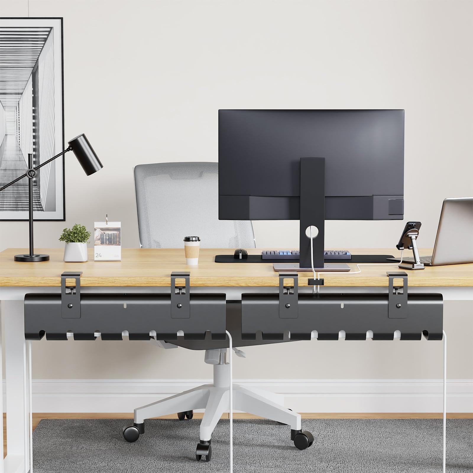 2 Pack No-Drill Under Desk Cable Management Tray 33.8 inch Large Wire Black