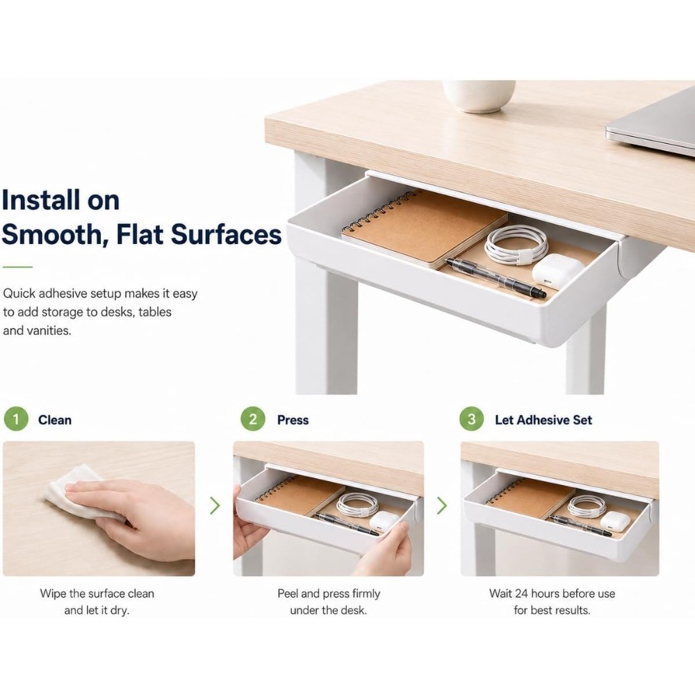 Under Desk Drawer 2 Pack Self Adhesive Slide Out Hidden Organizer White