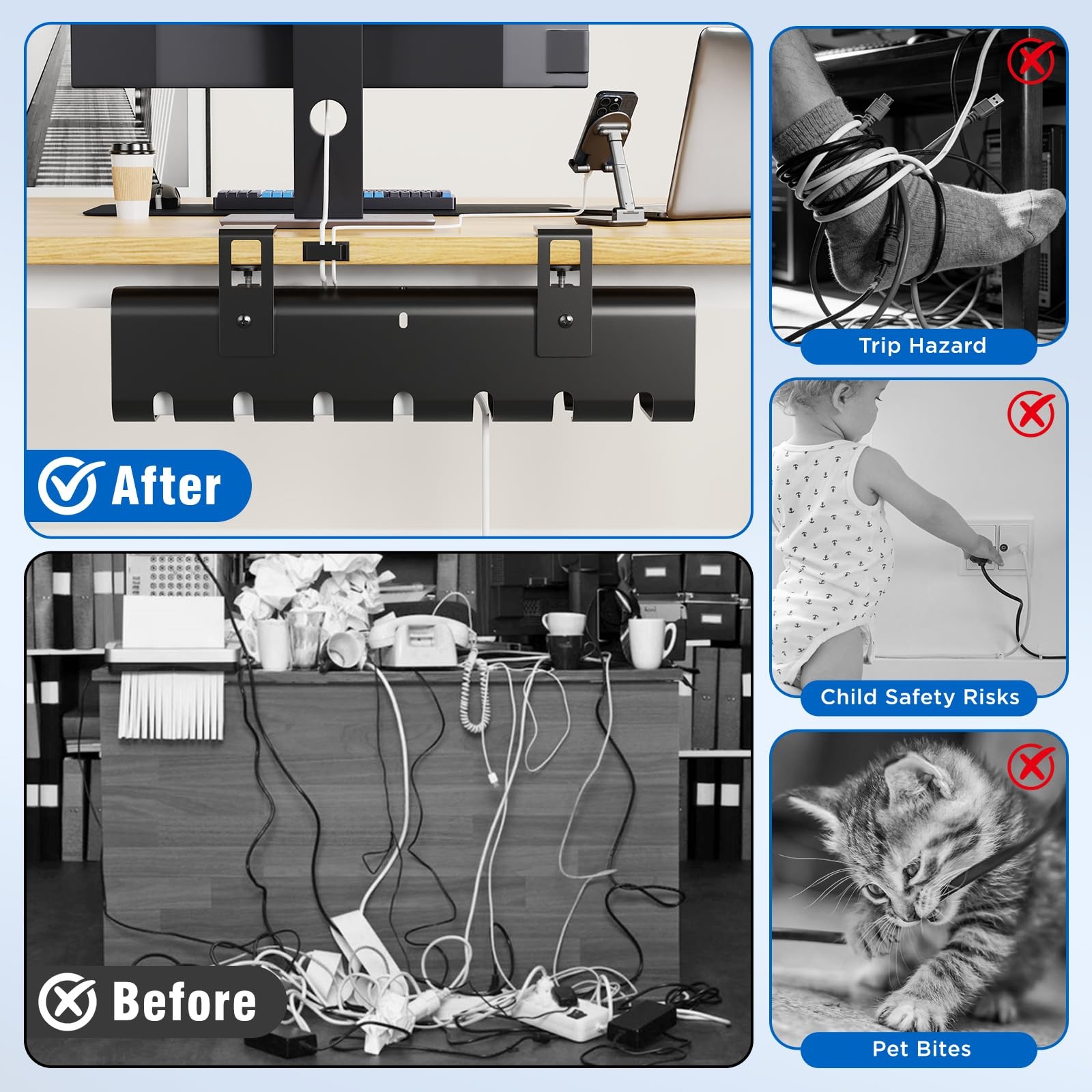 2 Pack No-Drill Under Desk Cable Management Tray 33.8 inch Large Wire Black