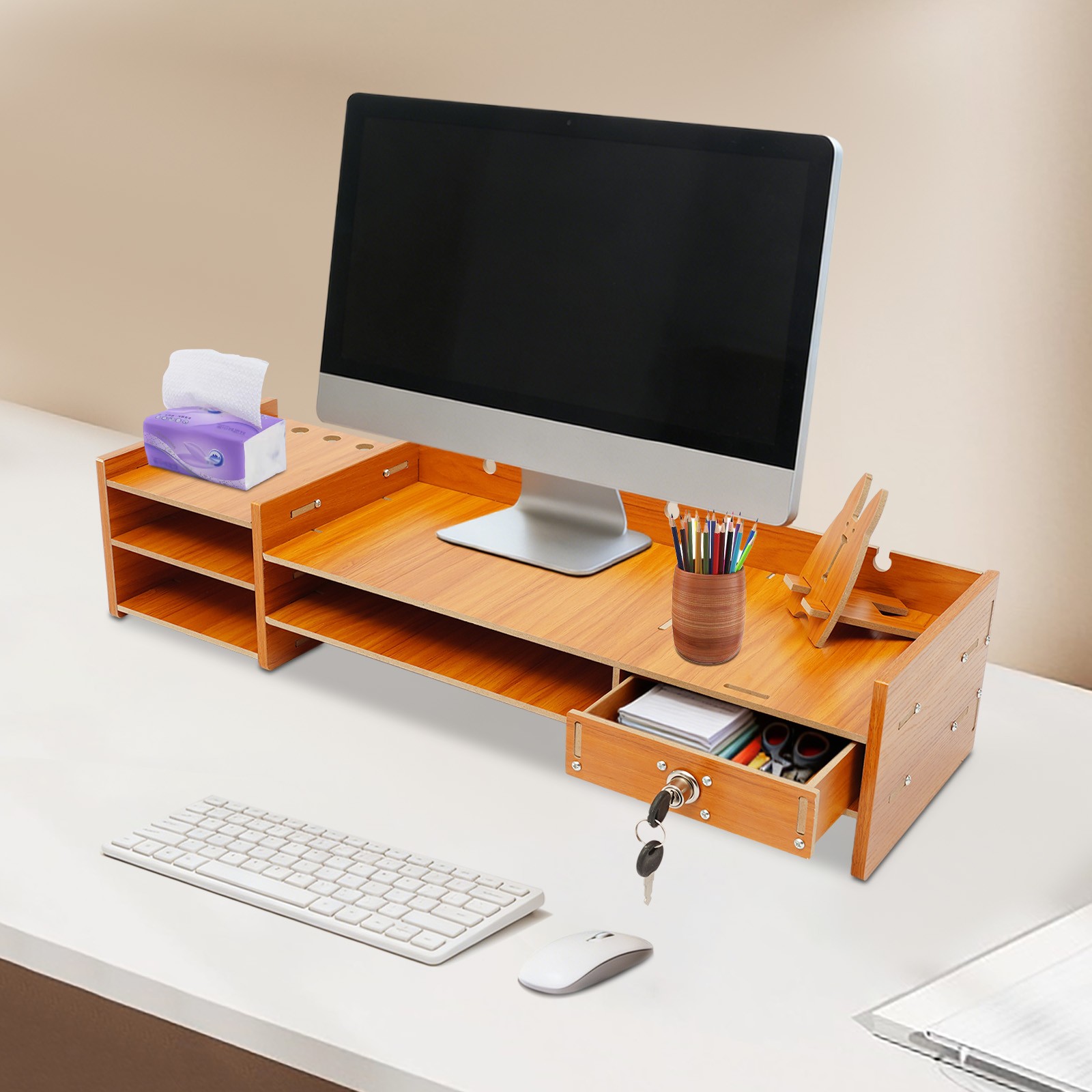 Multifunctional Monitor Stand Riser with Drawer, Storage Compartments, MDF