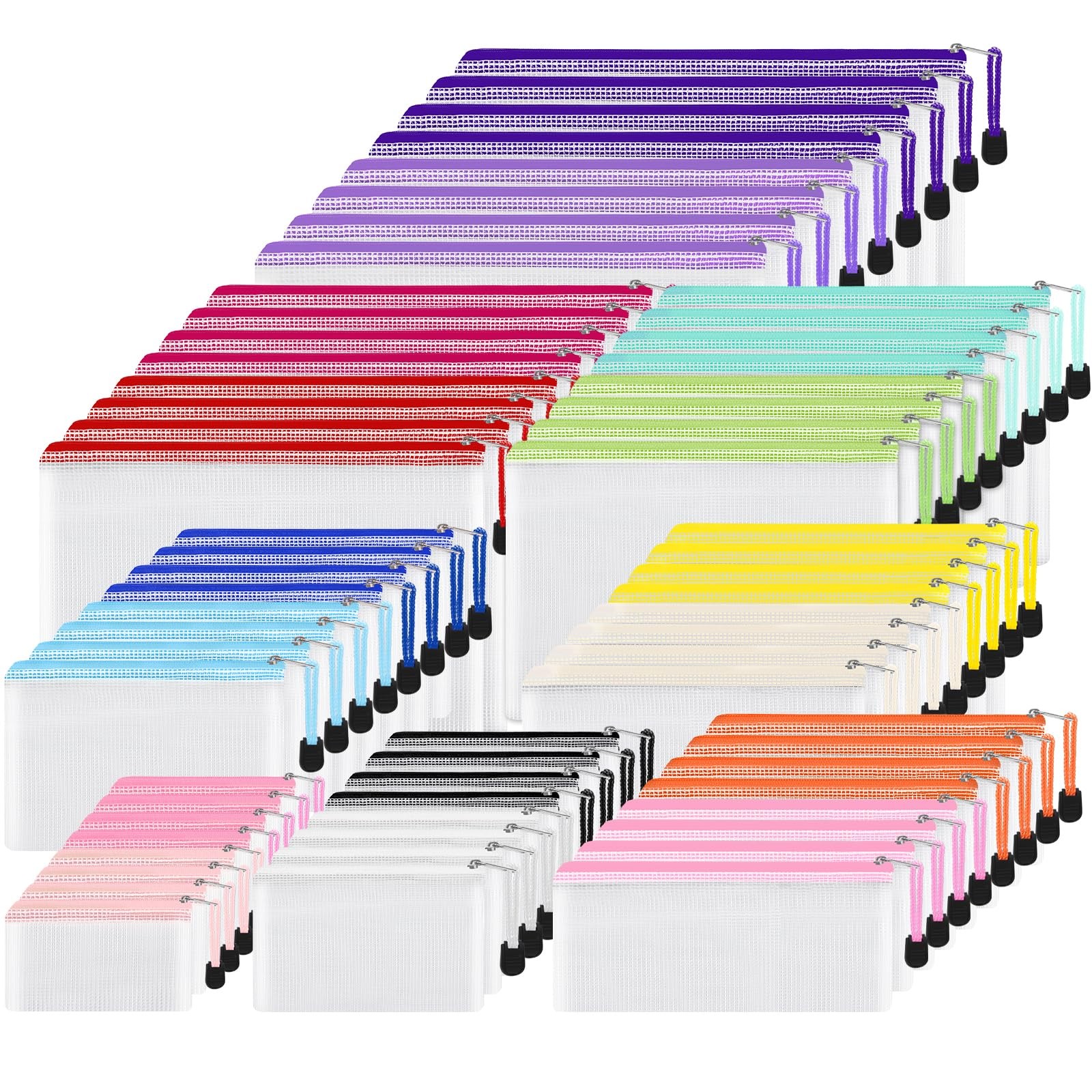 64 PCS Mesh Zipper Pouch Bags 8 Sizes Plastic 15 Colors Waterproof Fastener