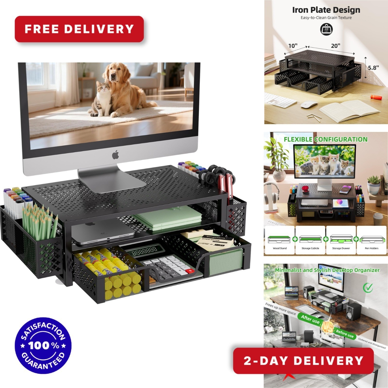 Simple Trending Desk Organizer with Drawer, 2 Tier Metal Monitor Stand