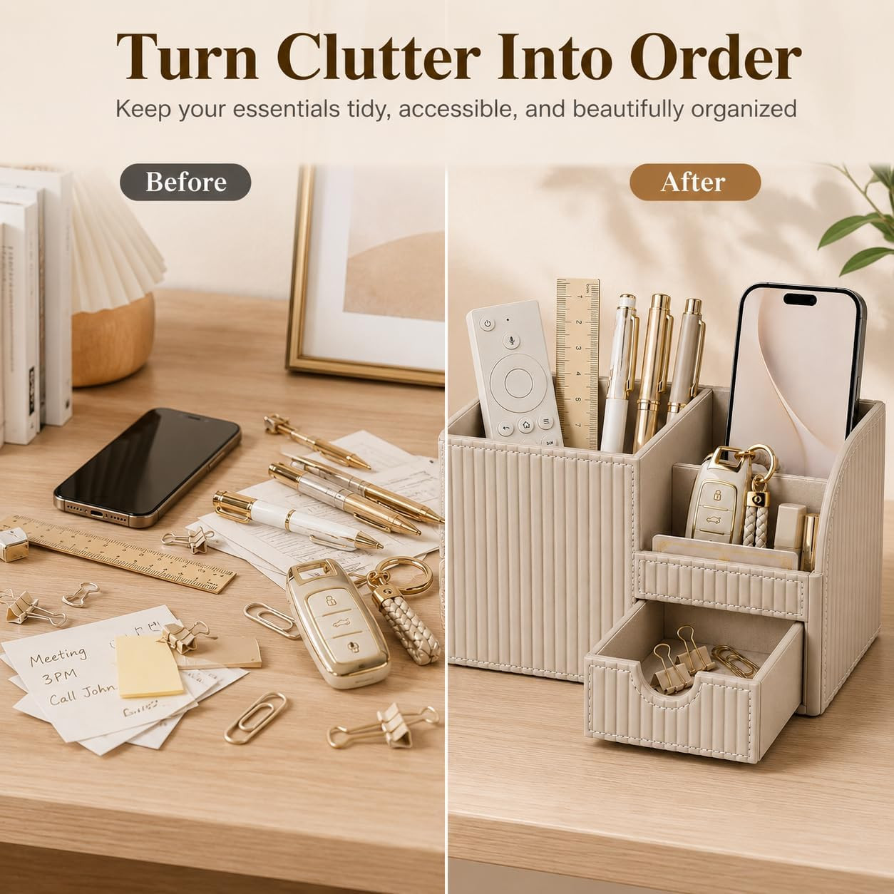 PU Leather Desk Organizer with Drawer Multi Compartment Office Storage Black Set