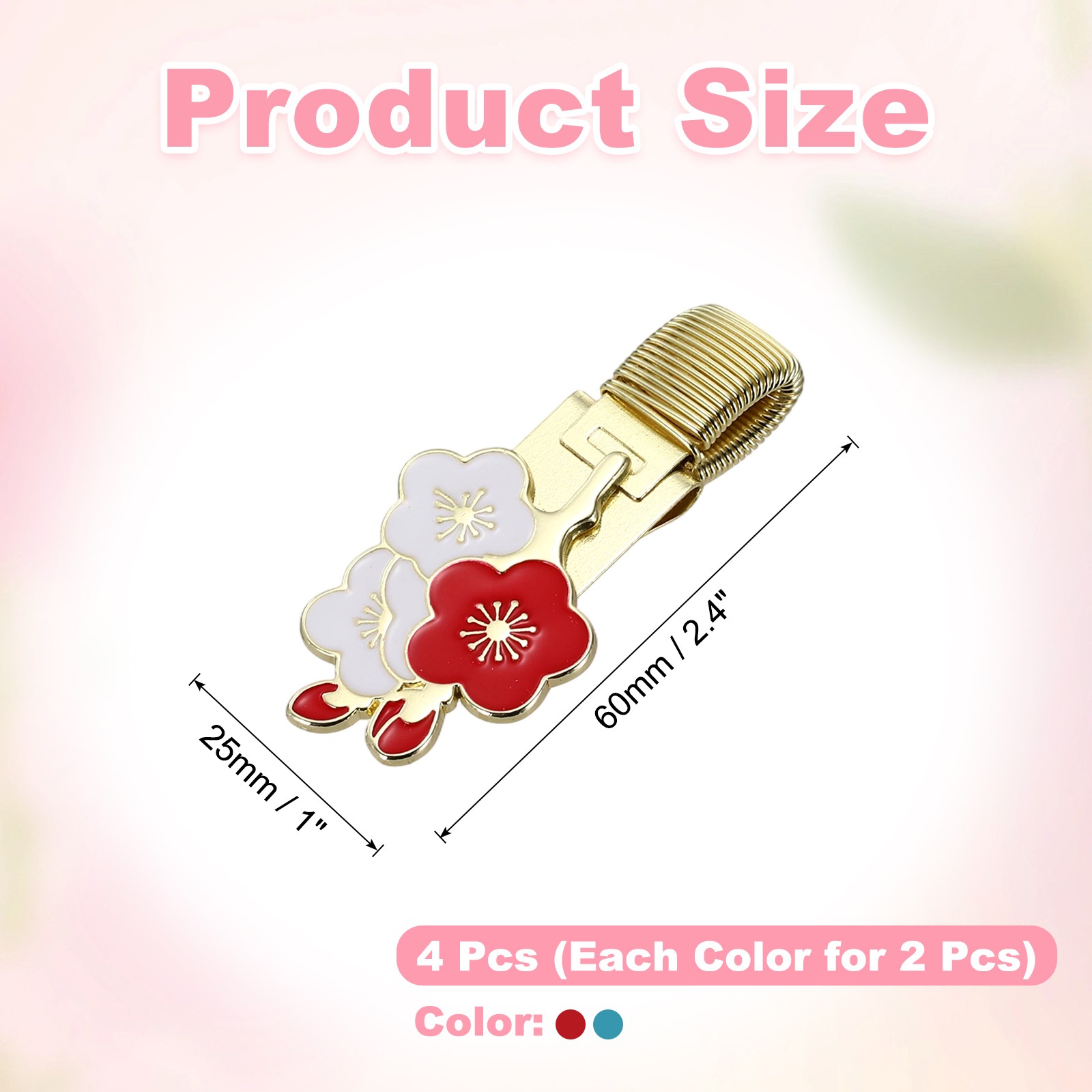 Metal Flower Pen Clip, 4 Pcs Decorative Holder Clips, Blue/Red/White