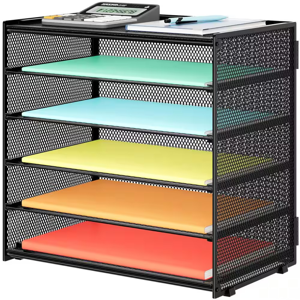12.5 in X 13.25 in Black Metal Paper Organizer Storage 6 Tier Letter Tray Desk F