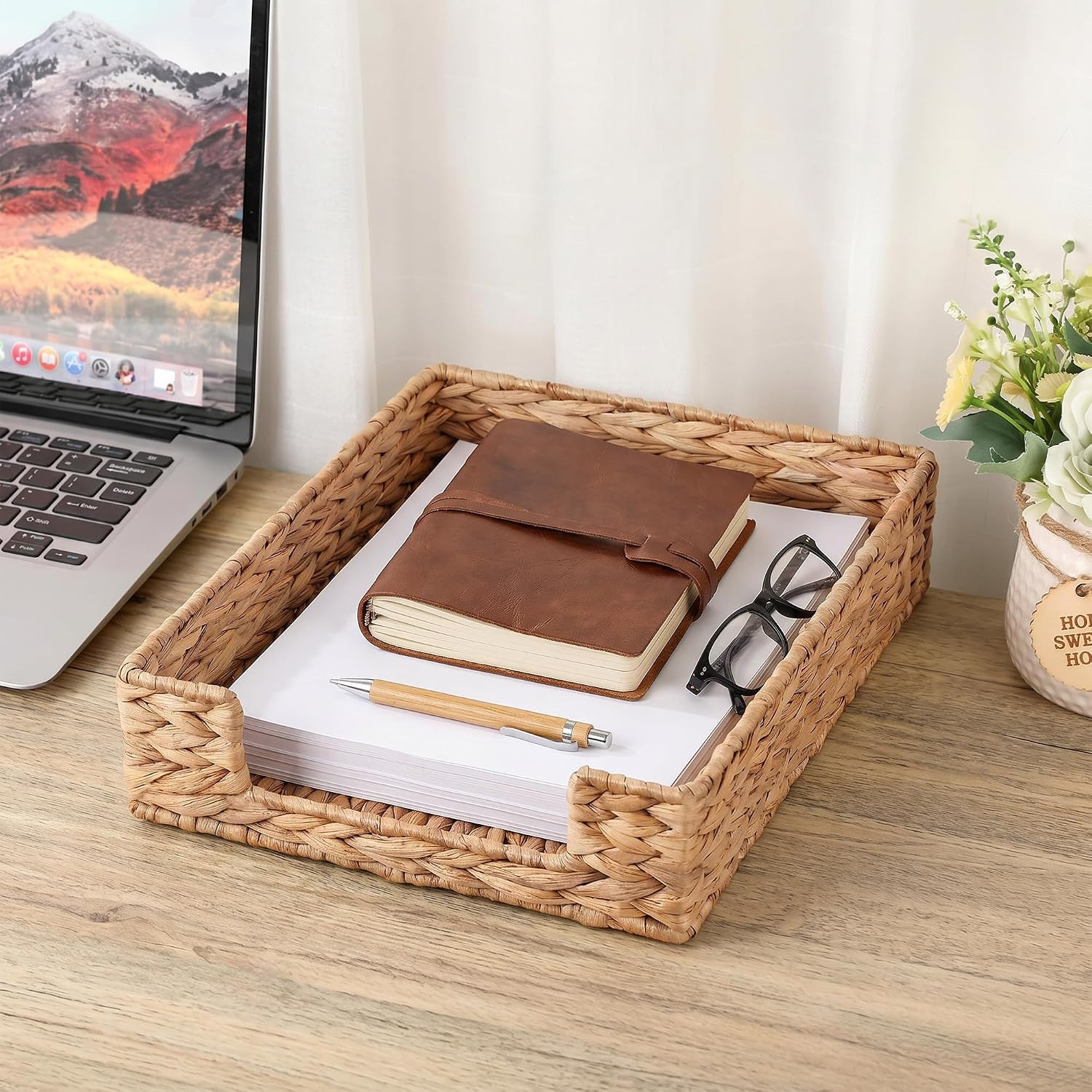 Letter Tray Water Hyacinth, Wicker Desk Organizer for Office Supplies Mail | Des