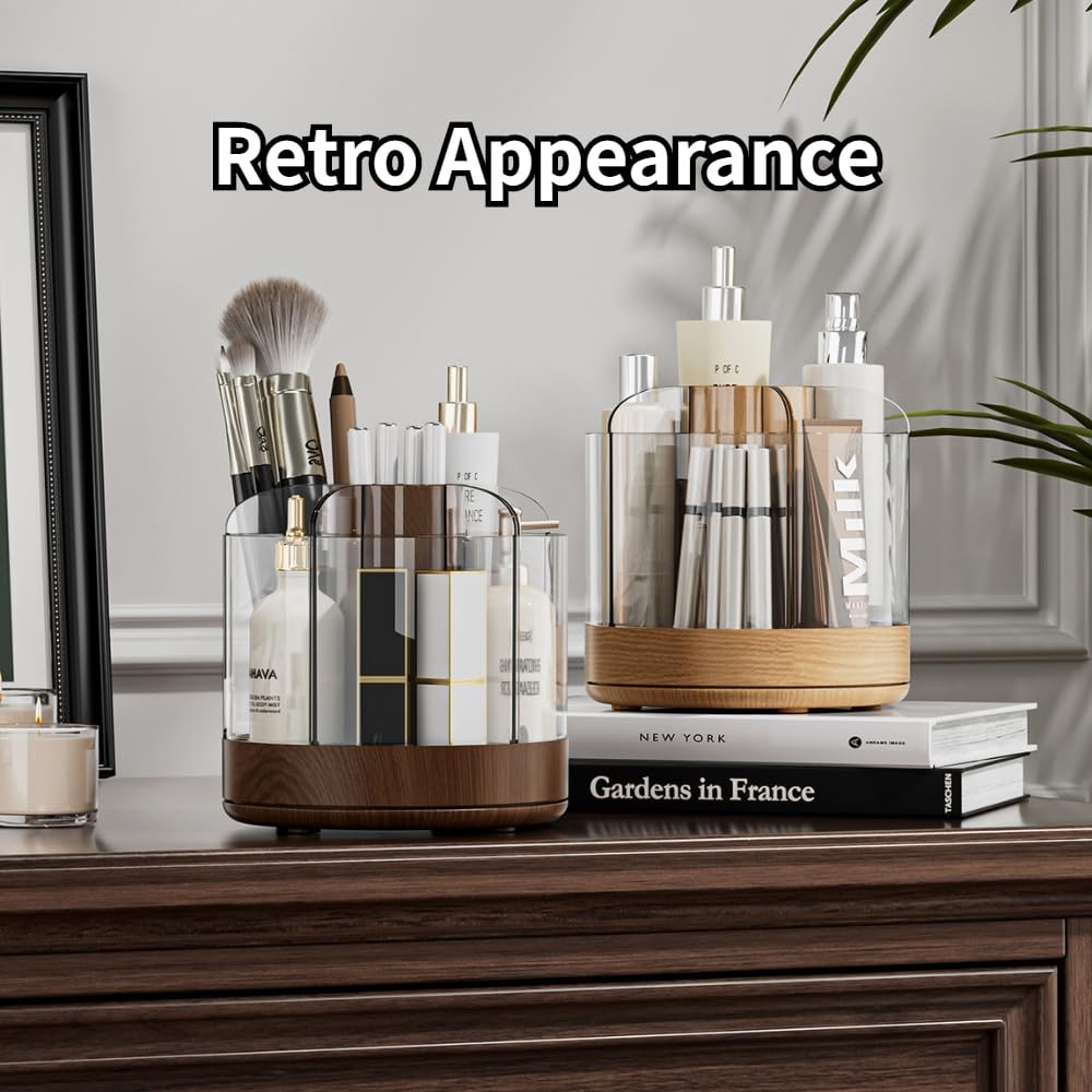 Siehpa3 Makeup Brush Holder 360° Rotating 6 Slot Dark Woodgrain