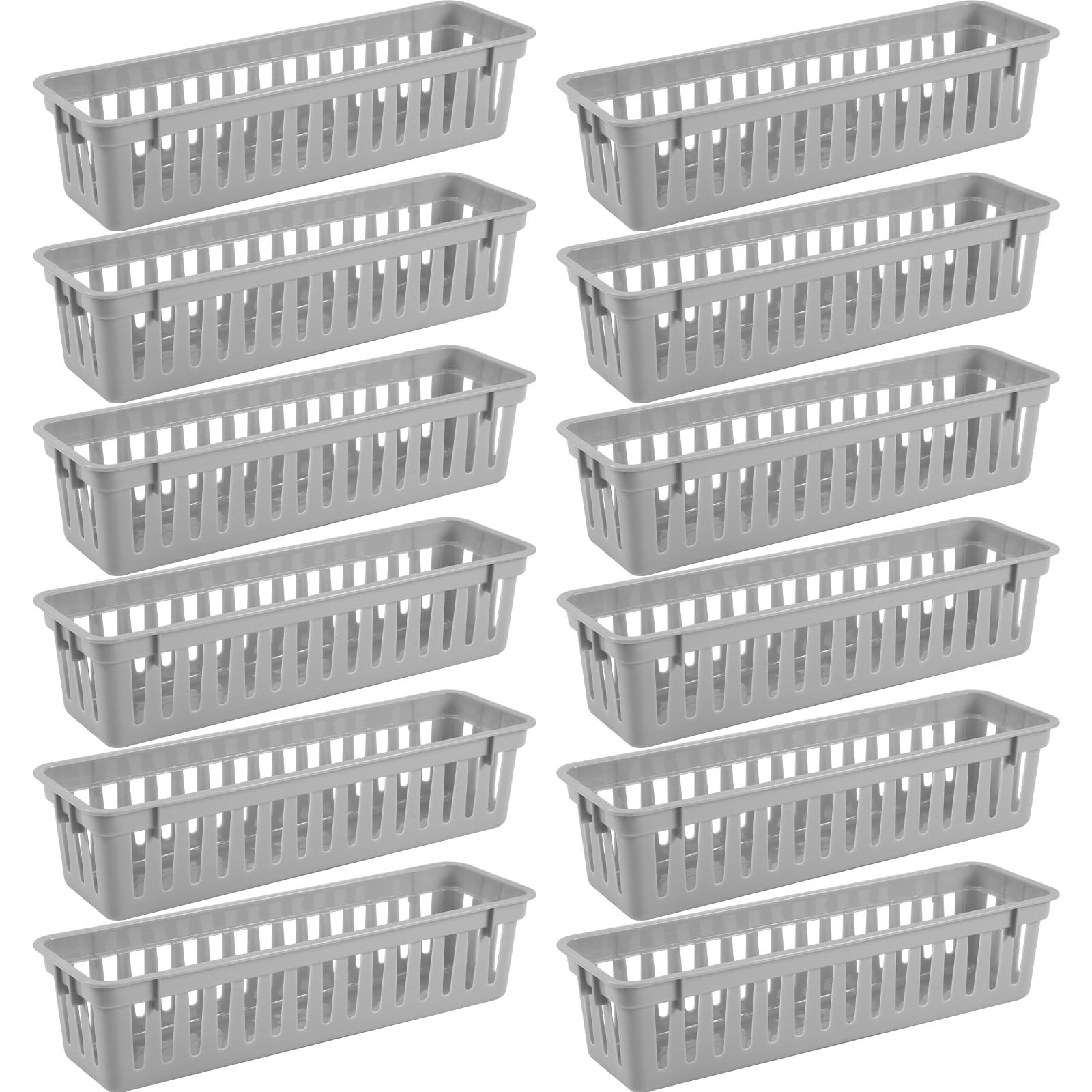 12 Pcs Gray Slim Plastic Storage Baskets Tray 10 x 3 x 2.5 Inch Compact Stack…