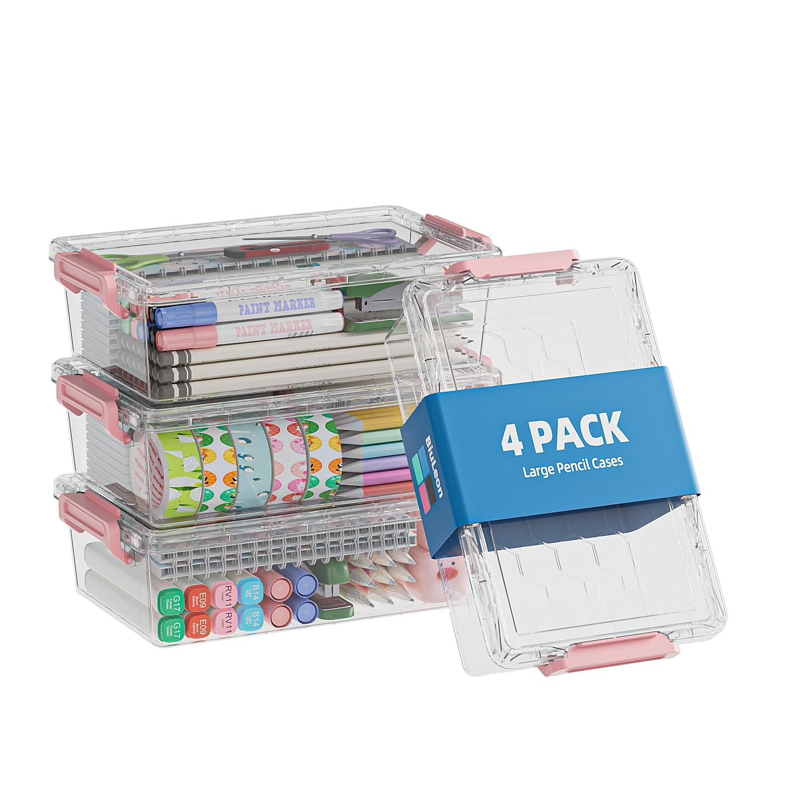 4 Pack Extra Large Pencil Box, Plastic Pencil Case Organizer, Clear Crayon Bo…