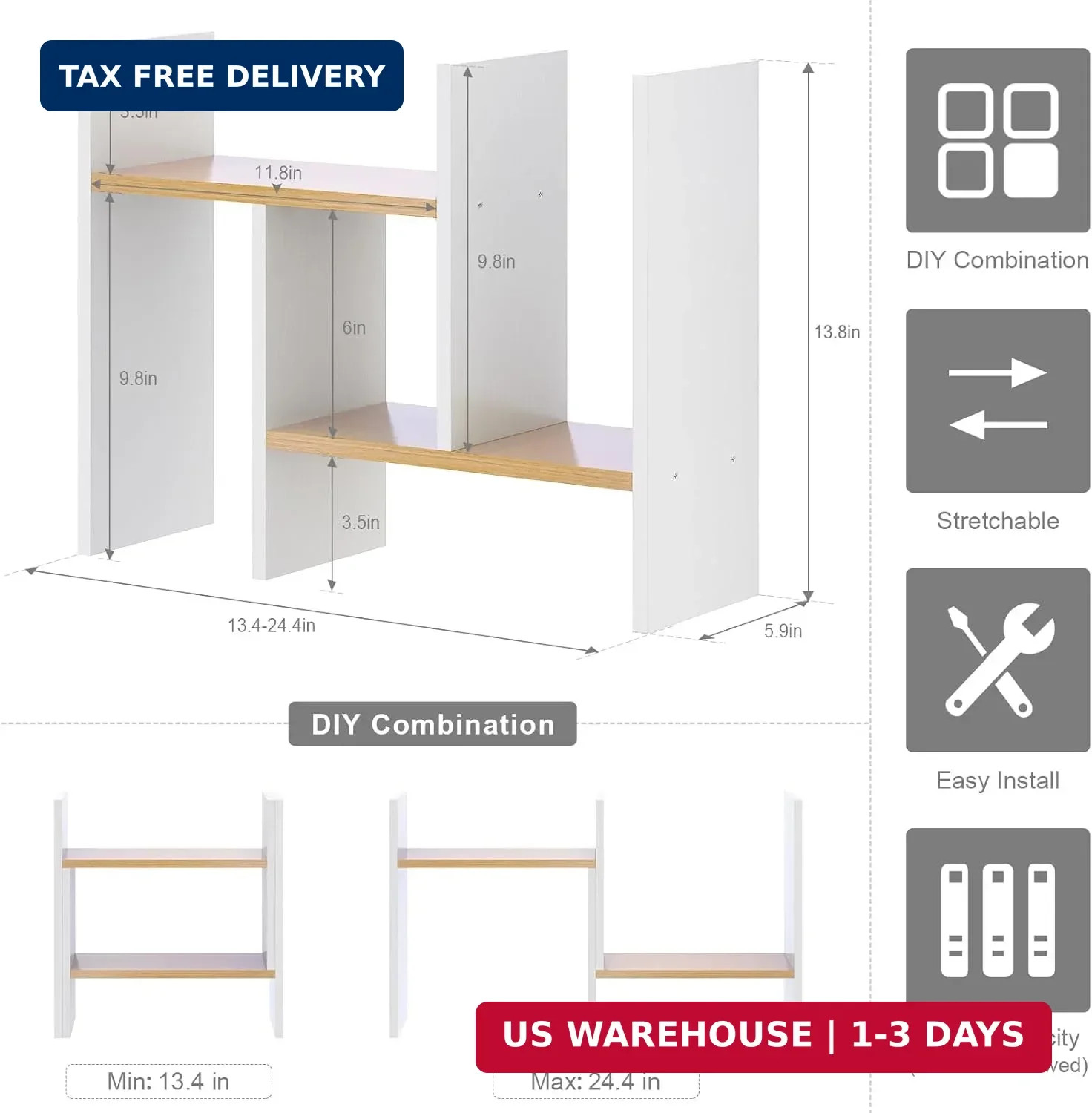 White Desk Organizers and Storage Small Desktop Bookshelf Length Expandable Desk