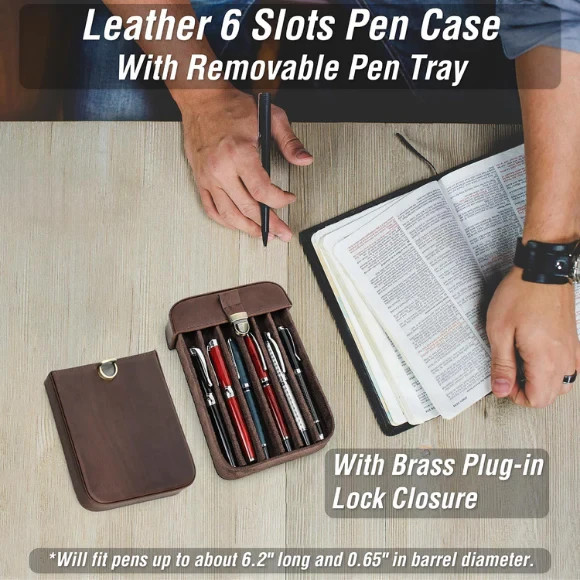 Top Grain Genuine Leather 6-Slot Fountain Pen & Pencil Tray Case Holder