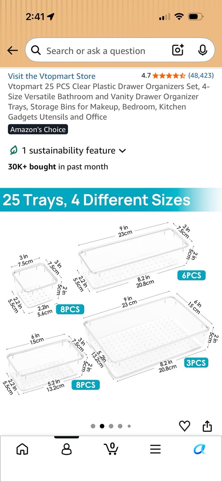 3 pack of 25-Pack Clear Plastic Drawer Organizer Trays, 4 Sizes, Non-Slip