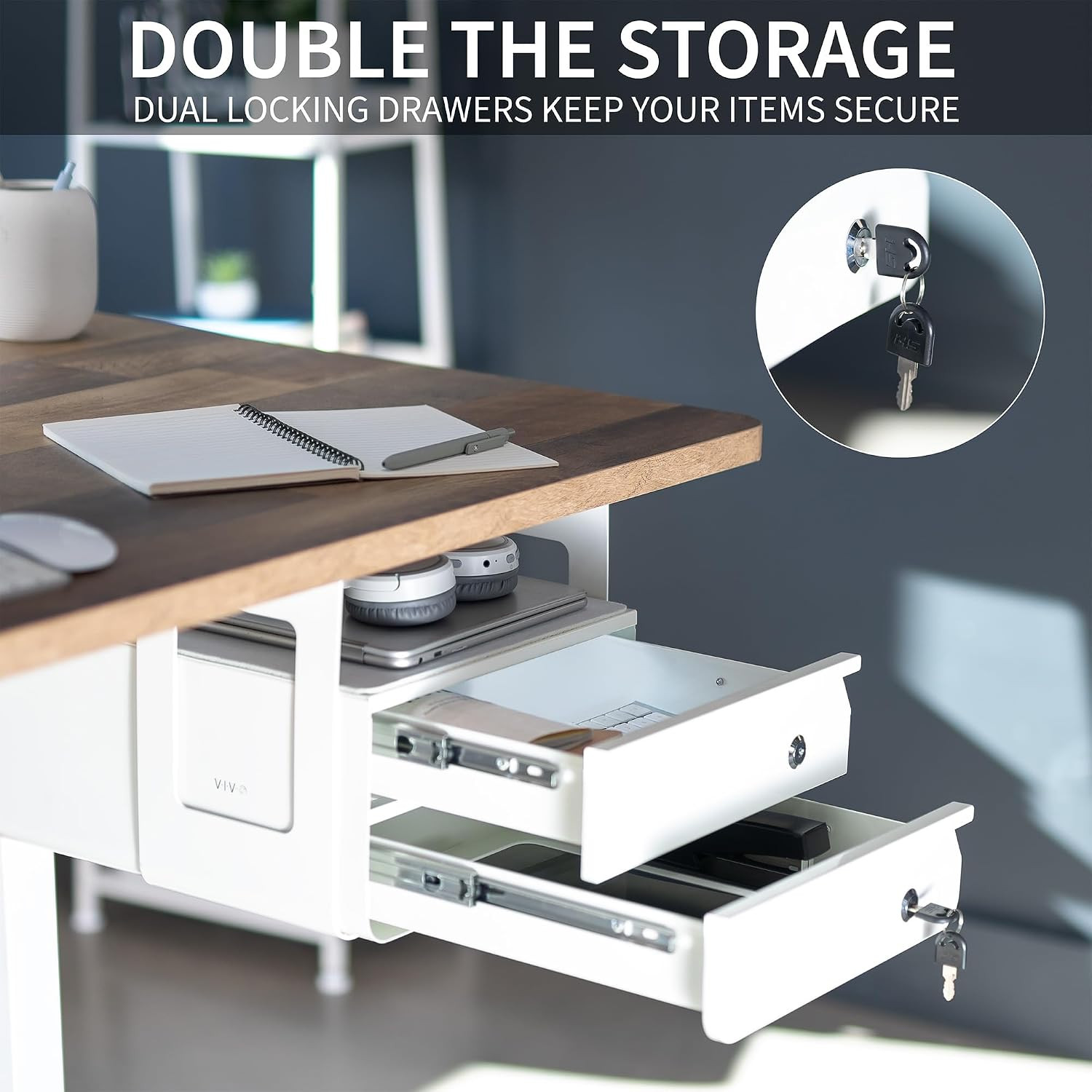 VIVO 13 Inch under Desk Double Stacked Slide Out Drawers with Lock, Secure Home