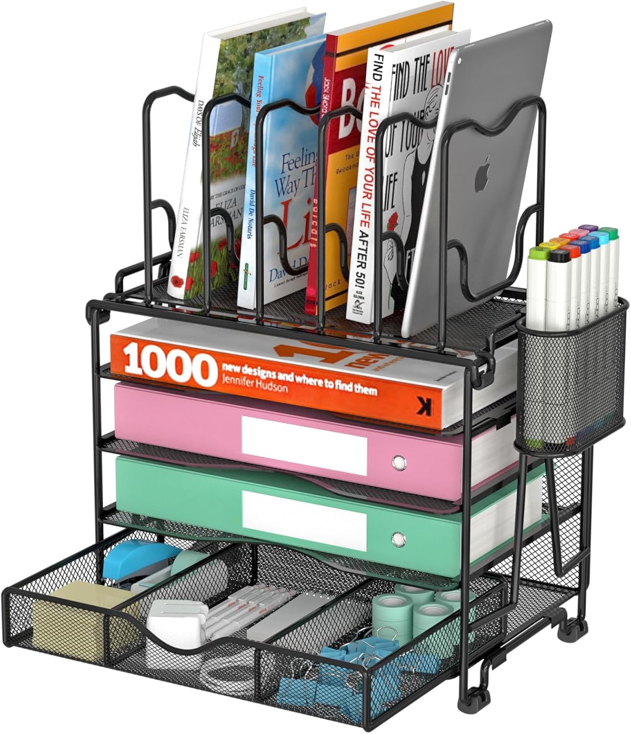 Mesh Desk Organizer 3-IN-1 Desktop with 4 Tier Tray and 5 Upright Sections File