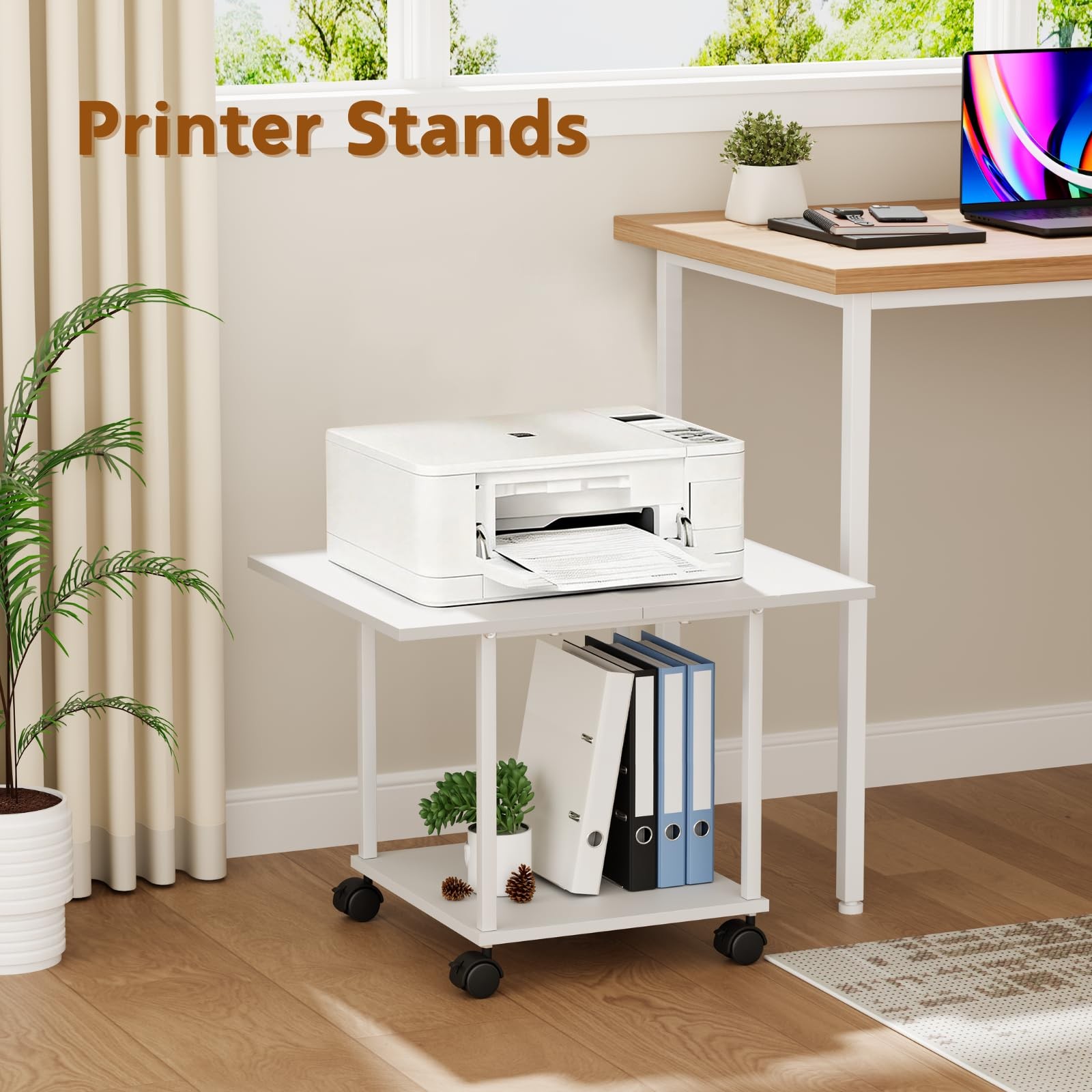 BEWISHOME Printer Stand,2-Tier Industrial Mobile 2-Tier, White/Brown