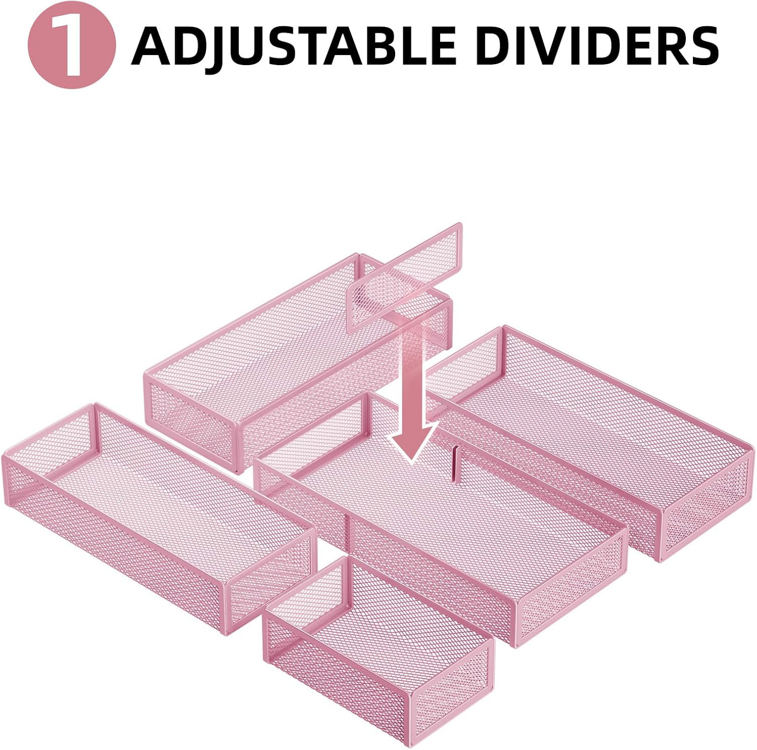 5 Pack Desk Drawer Organizer Set, Mesh Drawer Storage Trays with 1 Adjustable Di
