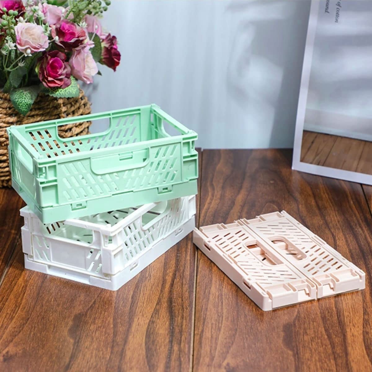 3 Pack Mini Plastic Storage Basket for Shelf Organizing,Collapsible Crate Fol…