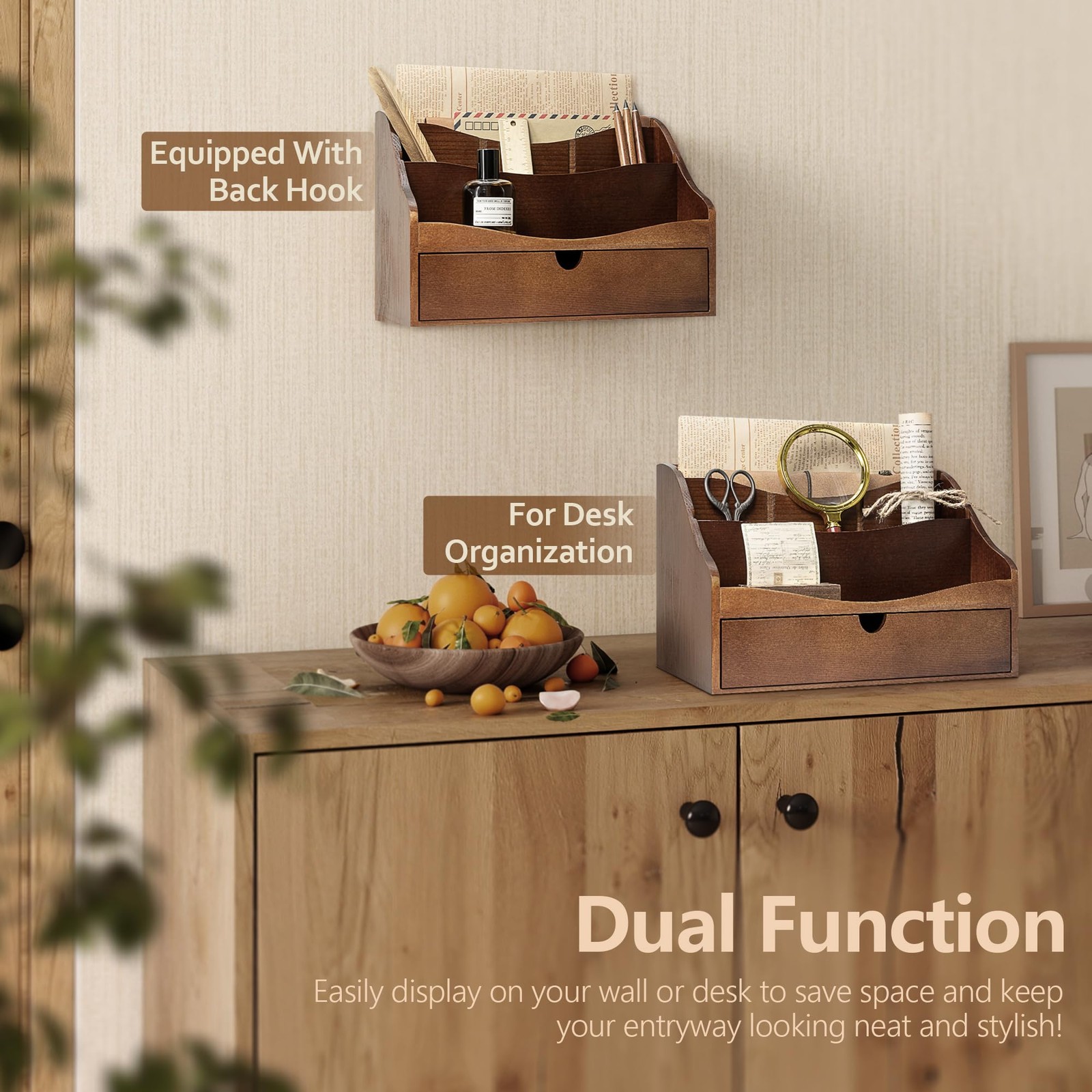 Pine Wood Mail Organizer for Desk – Retro Farmhouse Mail Holder with Drawer &…