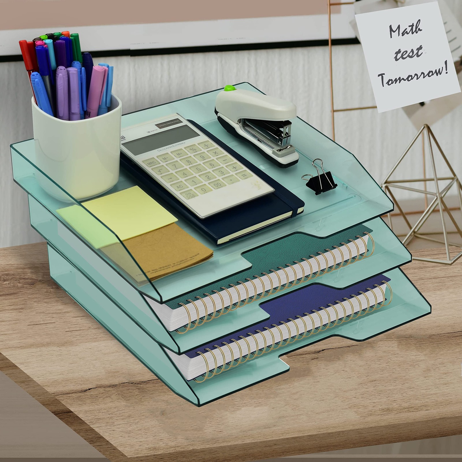 Clear Green Plastic 3 Tier Stackable Letter Tray Side Load Desk Organizer
