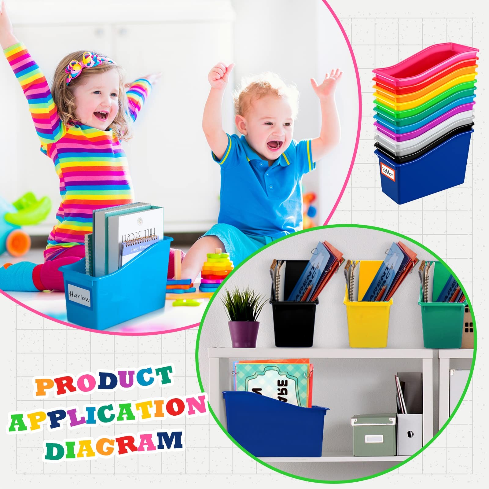 24 Pack Multicolor Book Bins for Classroom Decor Bulk Plastic Bins with Name …
