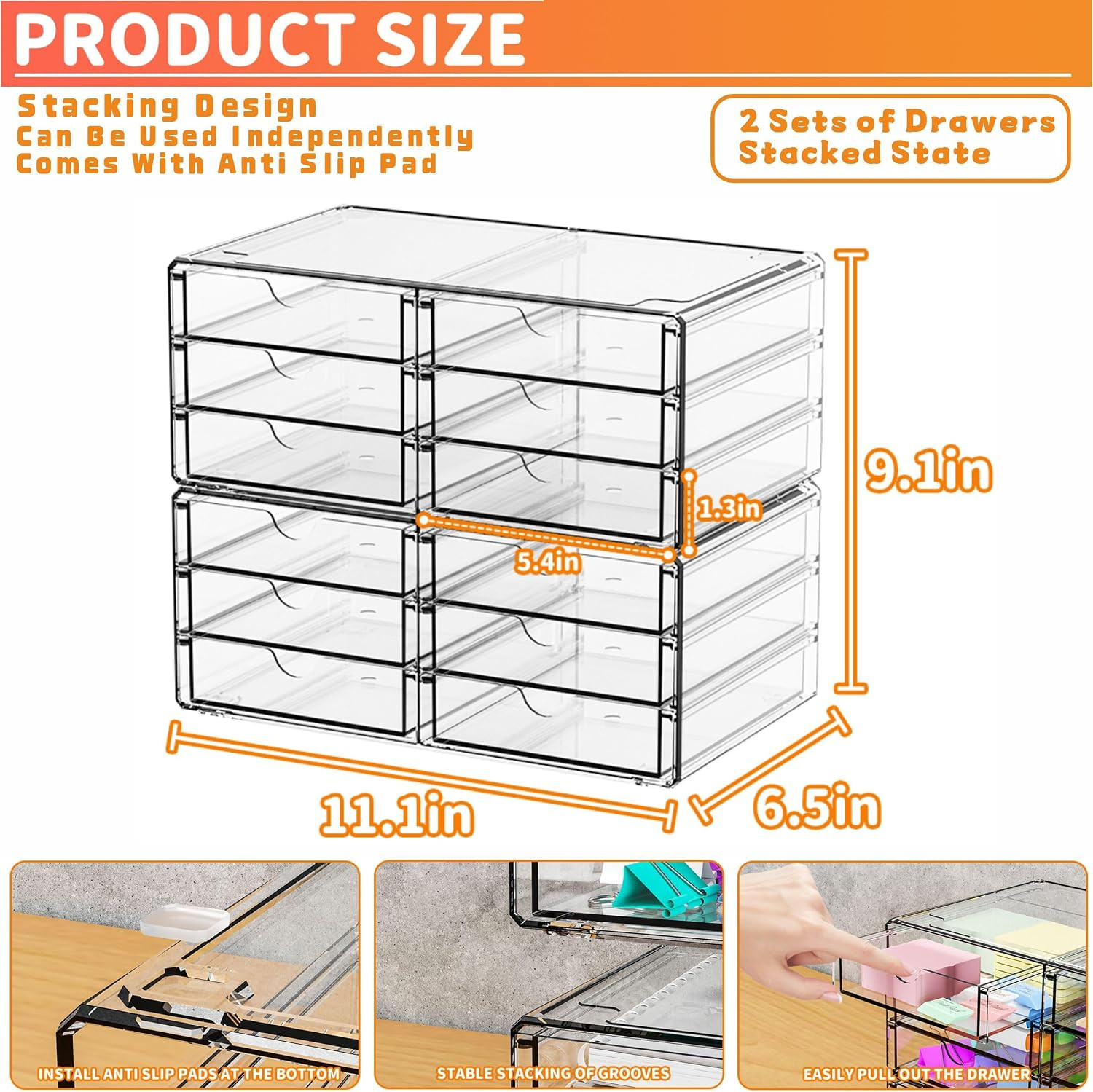 Yieach 2 Pack Acrylic Storage Drawers with 12 Small Drawer,Stackable Office Cabi