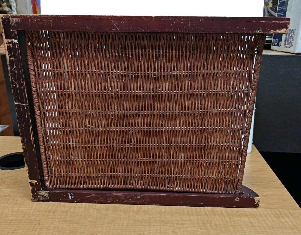 Vintage Wood Letter Tray Desk Organizer Woven Rattan 2 Tier Office Holder