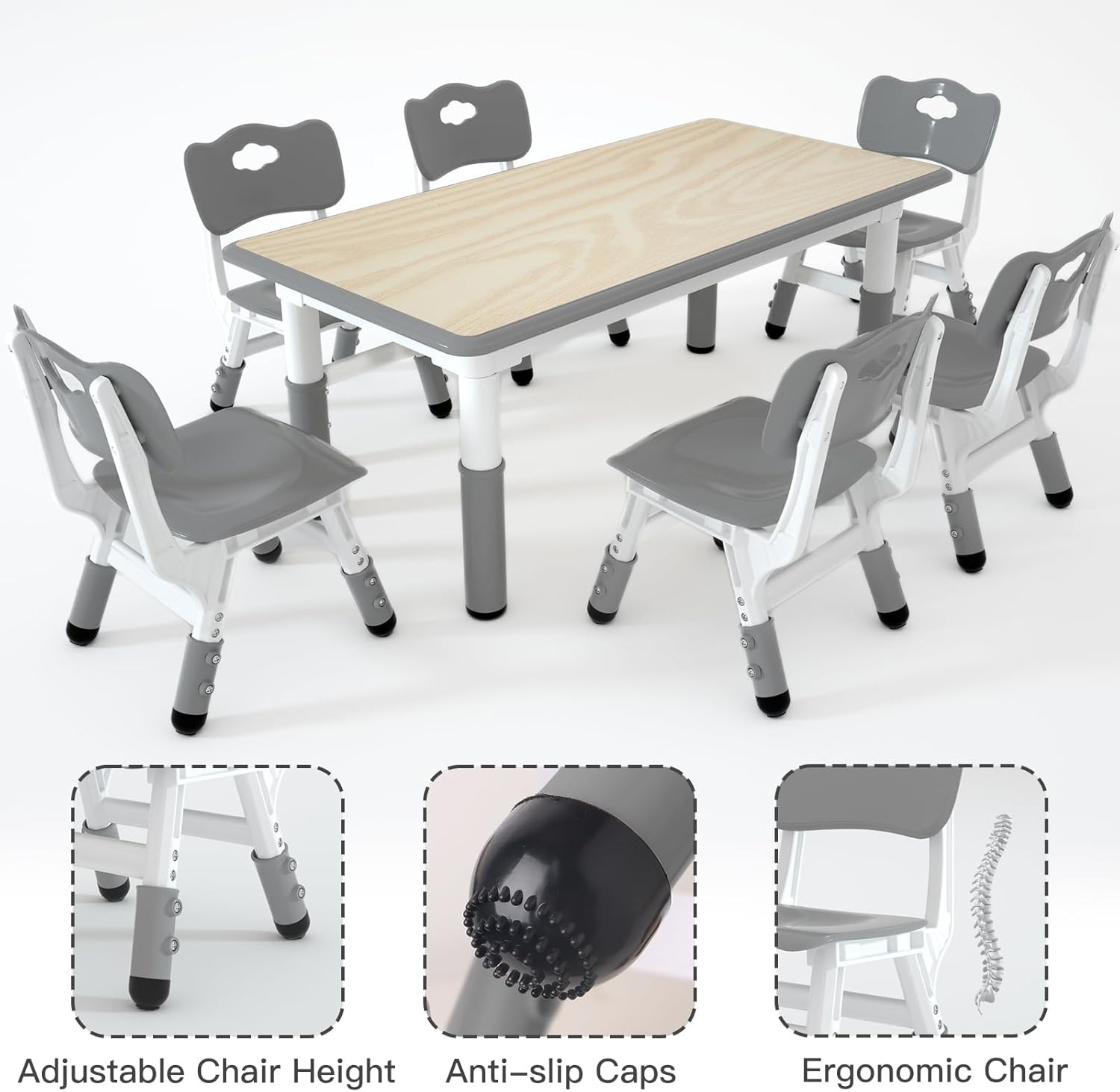 Kids Table and 6 Chairs Set，Height Adjustable Children Table & Chair