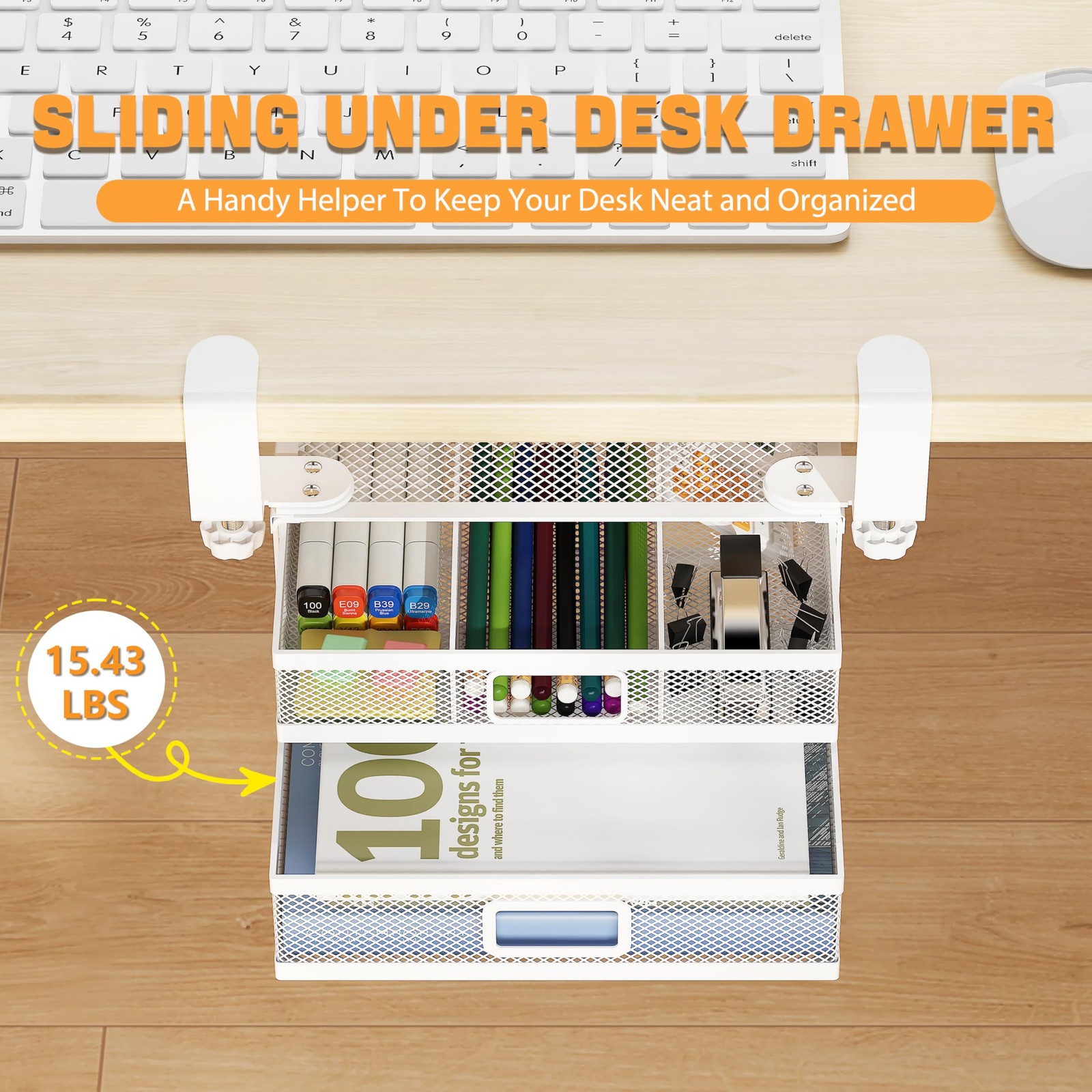 ROLIZOE Sliding Under Desk Drawer Organizer No 10.24×8.27×5.31 inches, White