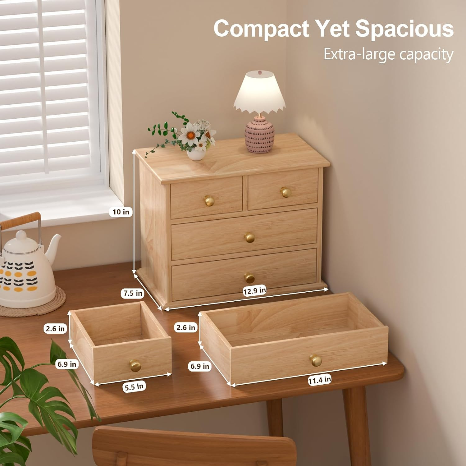Oak Desk Organizer with Drawers, Durable Wooden Desktop Storage Box with Metal H