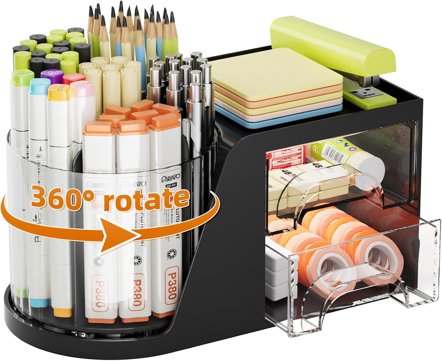 Marbrasse Desk Organizer with 2 Drawer, 360°Rotating Pen Holder, Desk Organizers