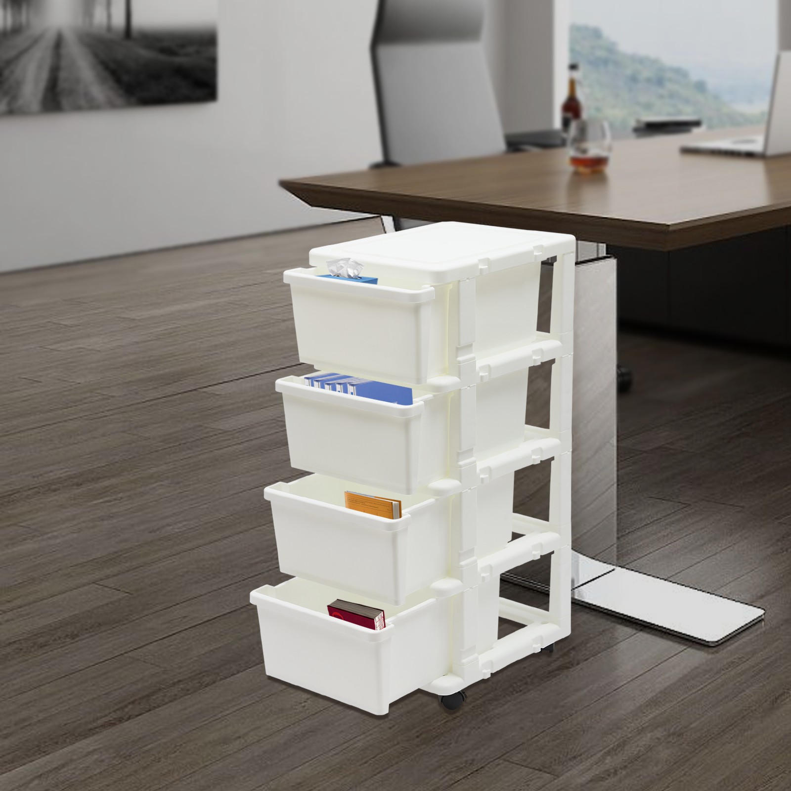 Floor Standing 4 Tier Drawer Storage Unit with Wheels Easy Assembly For Office