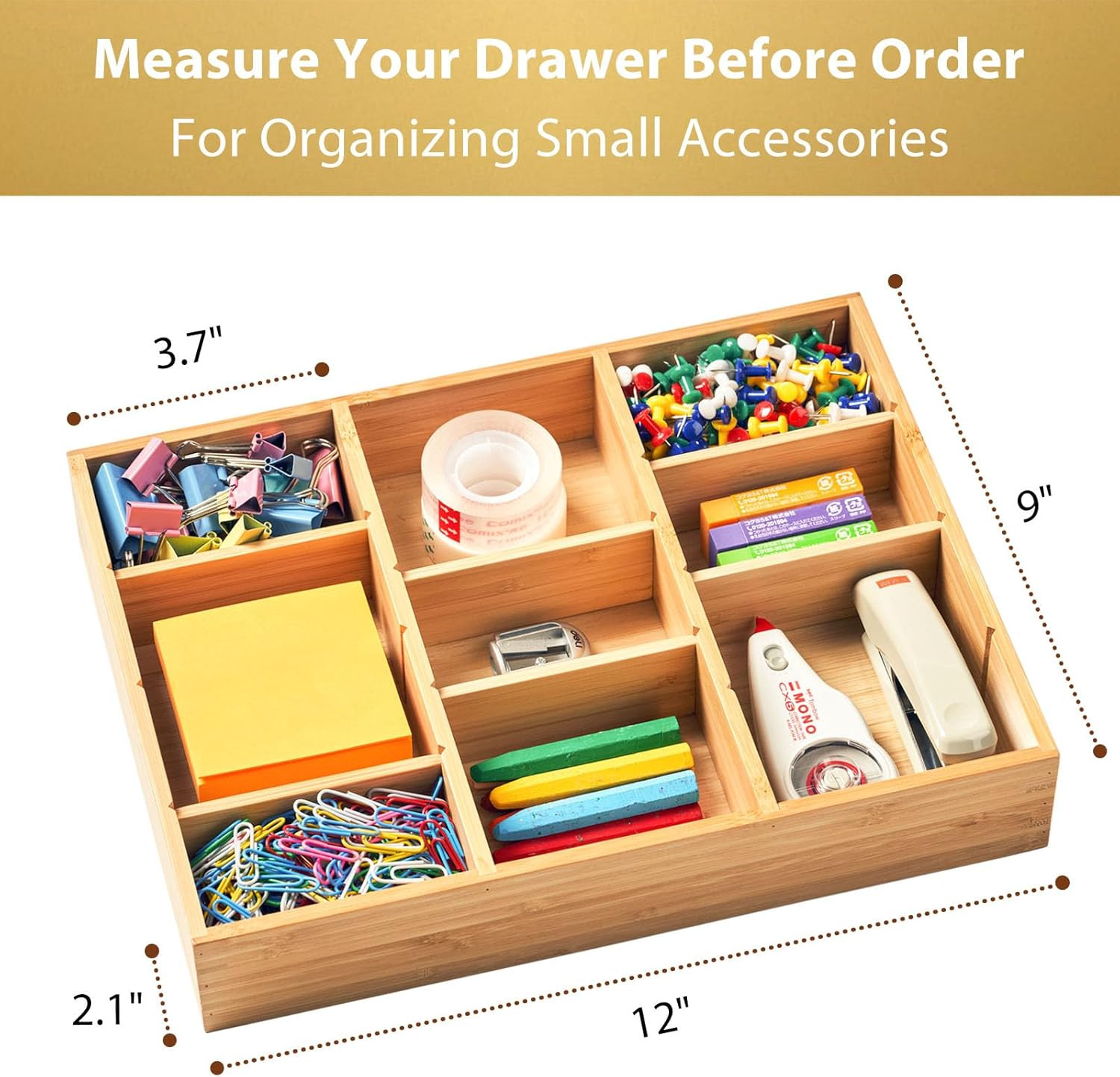 Bamboo Desk Drawer Organizer, Wood Junk Organizer Tray with Adjustable Dividers,