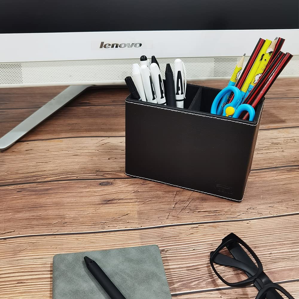 PU Leather Pen Holder for Desk Double Compartments Pencil Holder Square Desk …