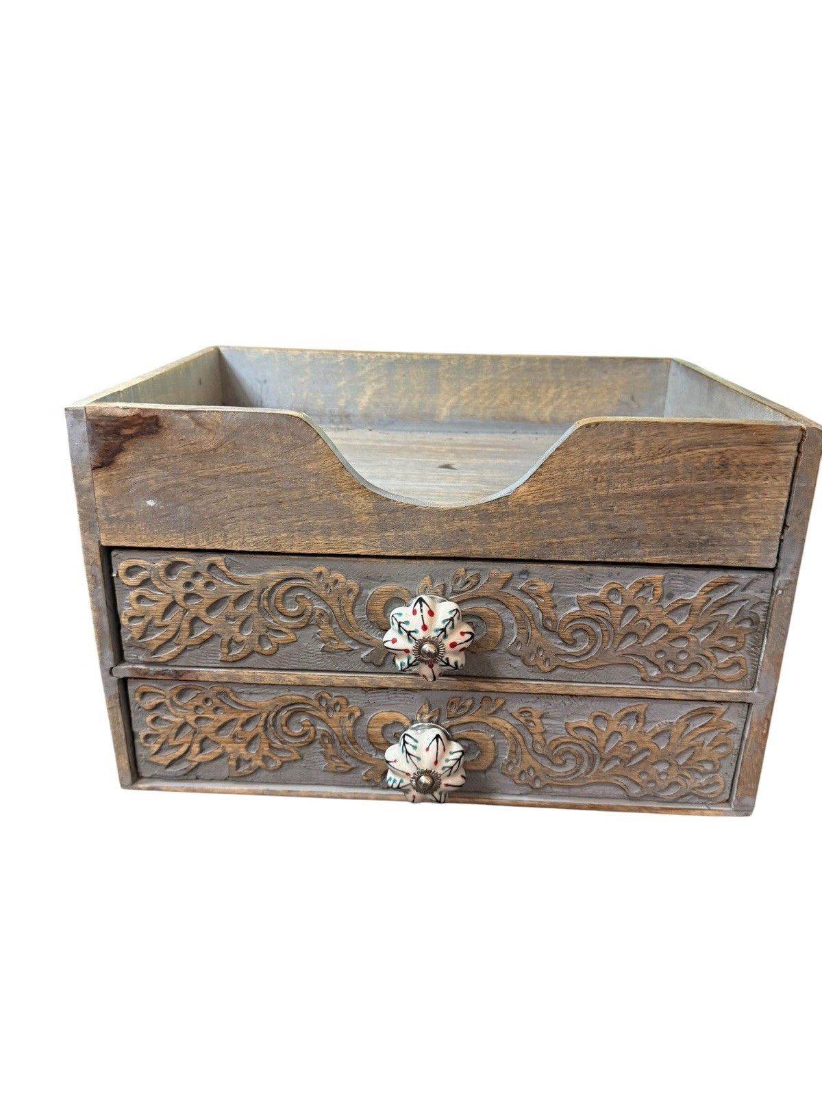 Rustic Wooden Desktop Or Vanity Organizer Scroll Inlay Wood Design 2 Drawer