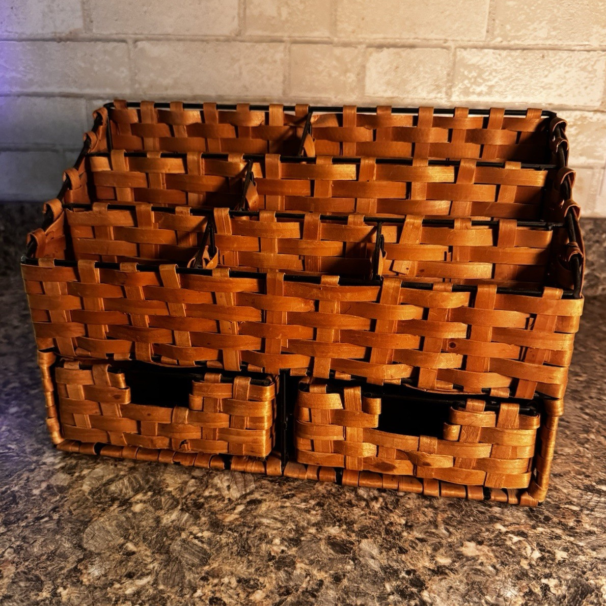 Woven Wood Desktop Organizer with Compartments and 2 Drawers