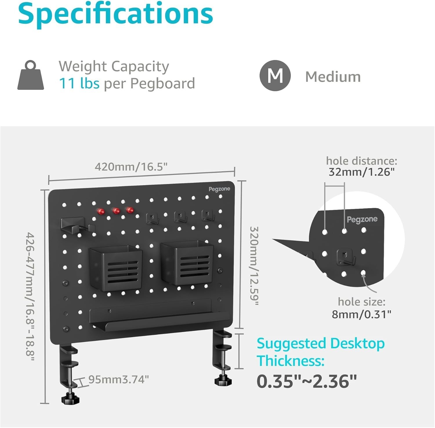 Clamp-on Desk Pegboard Magnetic Metal Organizer for Office Gaming Home 16.5×12.6