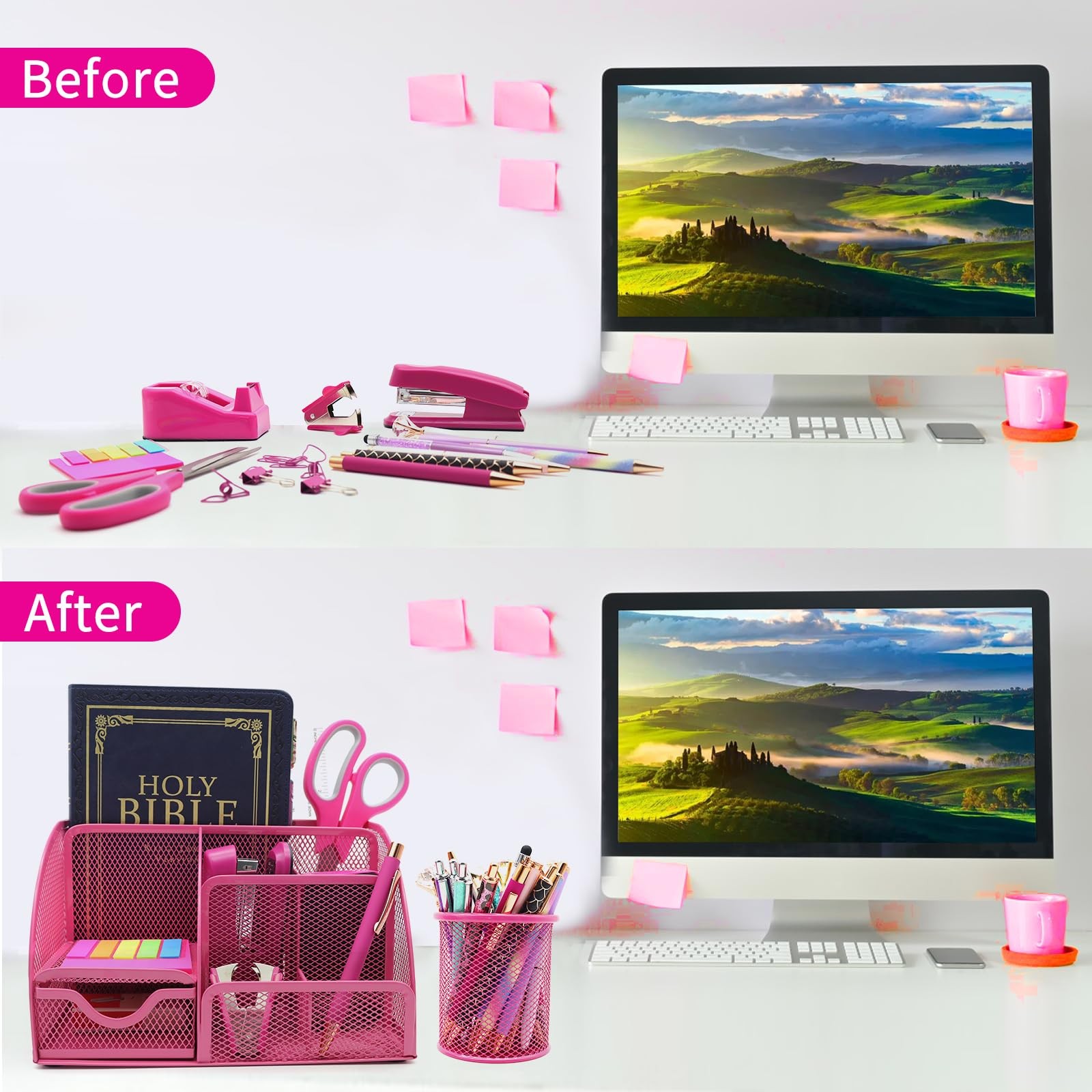 12 in 1 Hot Pink Desk Organizers and Accessories Set, Gifts for Coworkers Wom…